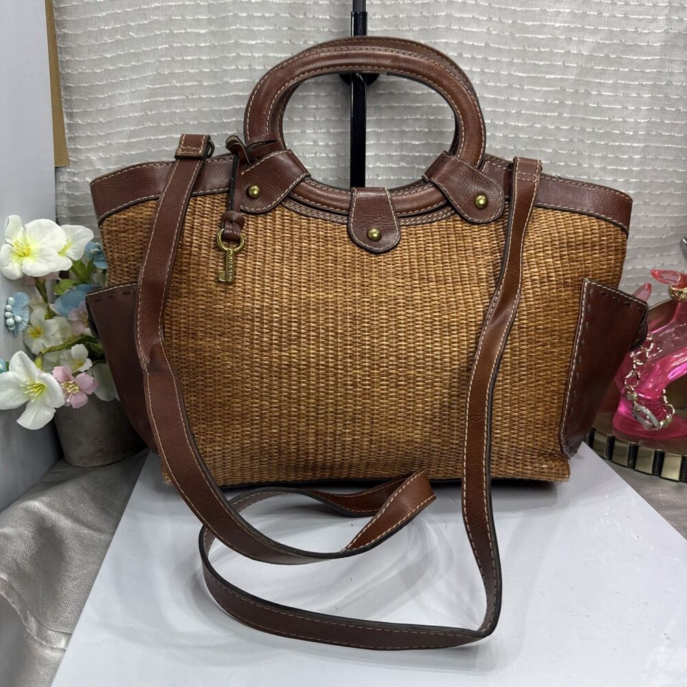 (X2) Fossil Woven Jute Handbag Purse W Key Brown Leather Trim Striped Liner.